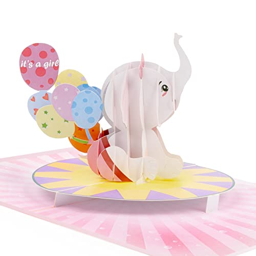 LIMAH® Pop-up 3D Karte zur Geburt für Mädchen - Glückwunschkarte, Geburtskarte passend zum Geschenk, Gutschein oder Geldgeschenk, its a Girl - Motiv Baby Elefant mit Luftballons in Rosa von LIMAH