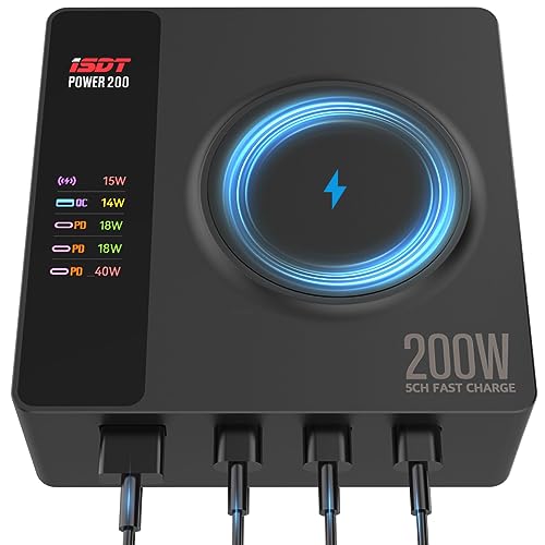 LIMETA 200W USB C Ladegerät 5-Port Induktive Handy Ladestation PD3.0 Kabellos Magnetisch USB Ladegerät Mehrfach(65W Max) APP Link Schnellladegerät OTA-Upgrade von LIMETA