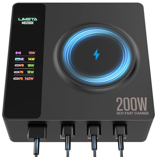 LIMETA 200W USB-Ladestation,4 USB-Ladeanschlüsse für schnelles Laden (MAX140W) - Einzelner drahtloser Ladeanschluss und PD3.1 LCD-Anzeige,kompatibel mit iPhone,Tablet,iWatch und verschiedenen Geräten von LIMETA