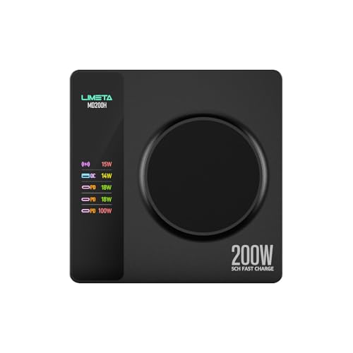 LIMETA MD200H 5-in-1 USB-C-Ladegerät Magnetisches drahtloses Schnellladegerät PD3.0 Magnetische Handy-Ladestation Multi-Device (bis zu 100 Watt) mit 3 USB-C und 1 USB-A APP Link OTA Upgrade von LIMETA