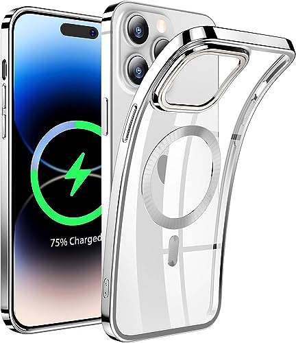Magnetisch Clear Hülle für iPhone 14 Pro Max kompatibel mit MagSafe [Niemals Gelb] Durchsichtig Silikon HandyHülle Militärqualität Stoßfeste Dünne Schutzhülle Case,Silber von LIN SARL