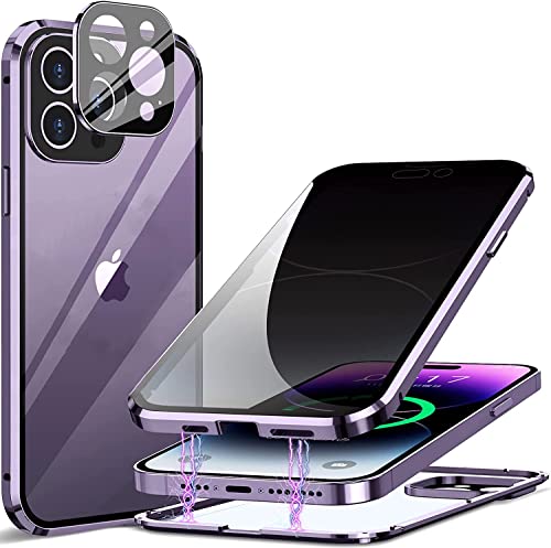 Privatsphäre Hülle für iPhone 14 Pro,Magnetische Gehärtete Glas-doppelseitige Handyhülle (mit Kameraschutz) 360 Grad Metallrahmen Schütz Anti-Spähen Cover Case,Violett von LIN SARL