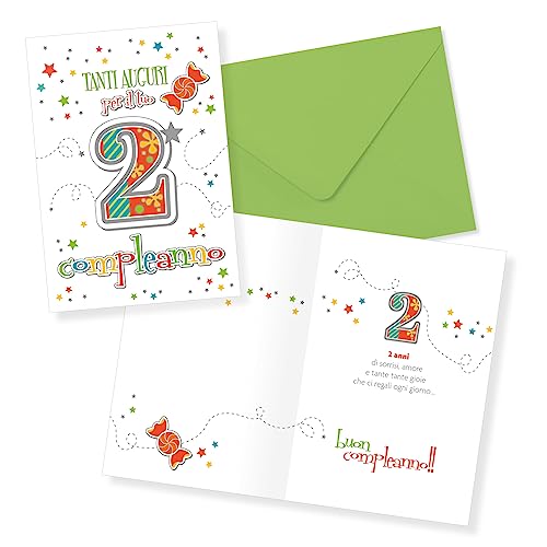 LINA OFFICINE GRAFICHE CREATIVE Geburtstagskarte 2 Jahre Mädchen Jungen bunt 30-004 von LINA OFFICINE GRAFICHE CREATIVE