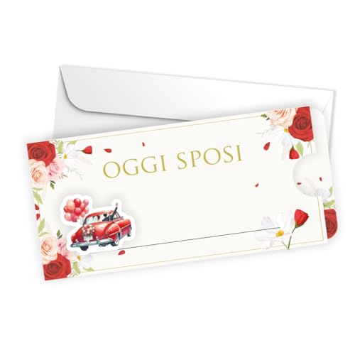 LINA OFFICINE GRAFICHE CREATIVE Hochzeitskarte Heute Brautpaar, Vintage-Design mit rotem Auto und Rosen, verschiebbar mit Umschlag LINA OFFICINE GRAFICHE CREATIVE Hochzeitskarte Heute Brautpaar, Vintage-Design mit rotem Auto und Rosen, verschiebbar mit Umschlag von LINA OFFICINE GRAFICHE CREATIVE
