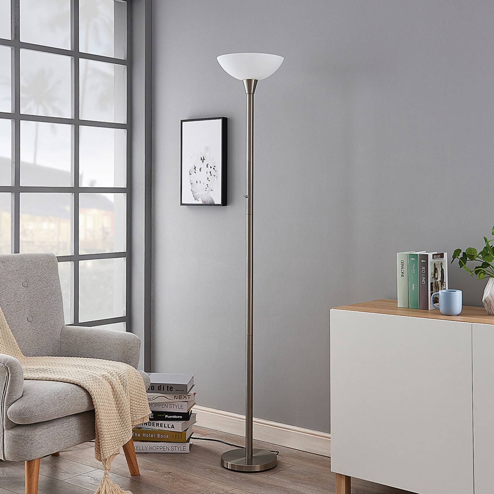Lindby Stehlampe Ignacia, nickelfarben, Glas, 180 cm, E27 Lindby Stehlampe Ignacia, nickelfarben, Glas, 180 cm, E27 von LINDBY