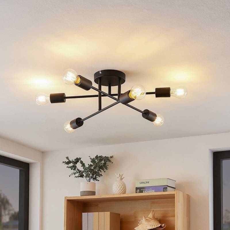 Lindby Deckenleuchte Estar, schwarz, Metall, 6-flg., Ø56cm von LINDBY