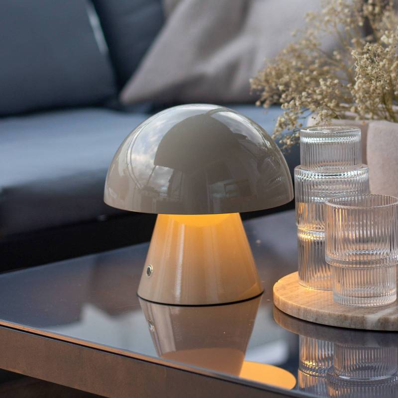 Lindby LED-Akkutischlampe Nevijo, grau, Ø18cm, USB, Dimmer von LINDBY