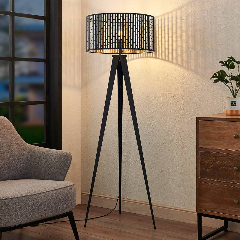 Lindby Stehleuchte Thoralf, Dreibein, schwarz, Textil, Ø50cm von LINDBY