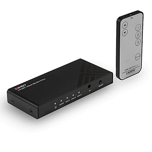 LINDY 38232 – HDMI 18G Switch, 3 Ports – Wählen Sie 1 von 3 4K@60 Hz Quellen zur Anzeige auf 1 Display, mit 4K@60 Hz High Resolution, HDR Support, IR-Fernbedienung und Auto-Switching Funktion von LINDY