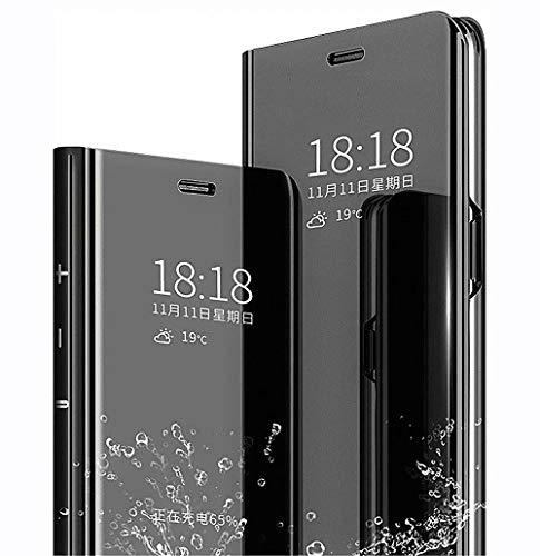 LINER Hülle für Oppo A53s / Oppo A53, Handyhülle Clear View Cover Spiegel Flip PU Leder Hülle Plating PC Schutzhülle mit Hart Standfunktion für Oppo A53s / Oppo A53 - Schwarz von LINER