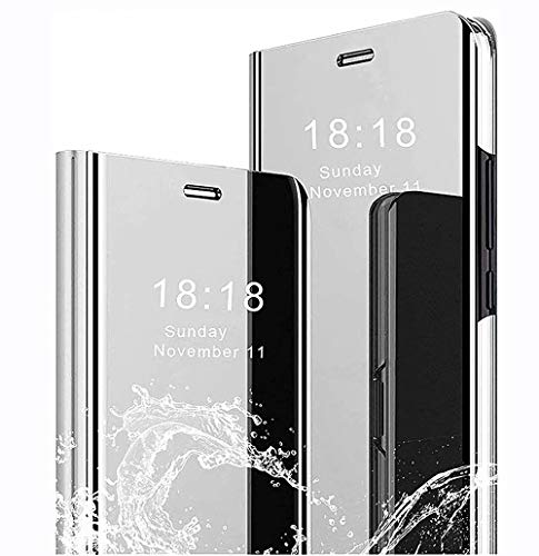 LINER Hülle für Samsung Galaxy M22 / Samsung Galaxy A22 4G, Handyhülle Clear View Cover Spiegel Flip PU Leder Hülle Plating PC Schutzhülle mit Hart Standfunktion - Silber von LINER