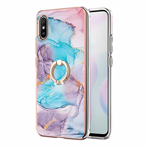 LINER Schutzhülle für Xiaomi Redmi 9AT/Redmi 9A mit 360 Grad Rotation Ring, ultradünn, elegant, aus weichem Silikon, Bunte Motive, glänzend, stoßfest, TPU-Gel, robust, Blau marmoriert von LINER