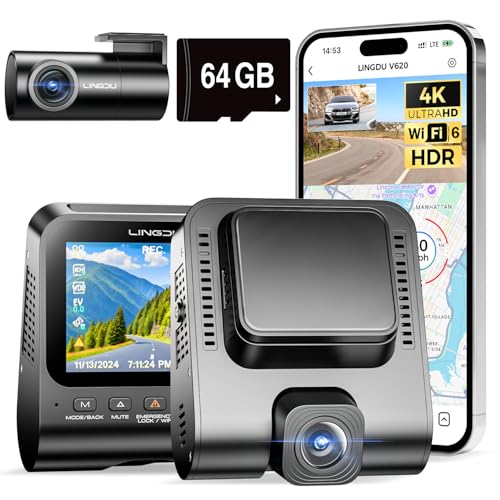 LINGDU Dashcam Auto Vorne Hinten, 4K + 1080P Autokamera externes GPS-Modul, 2,4 Zoll IPS-Bildschirm und 64 GB SD-Karte, Sprachausgang, Parküberwachung, verbesserte Nachtsicht, WDR, GPS LINGDU Dashcam Auto Vorne Hinten, 4K + 1080P Autokamera externes GPS-Modul, 2,4 Zoll IPS-Bildschirm und 64 GB SD-Karte, Sprachausgang, Parküberwachung, verbesserte Nachtsicht, WDR, GPS von LINGDU