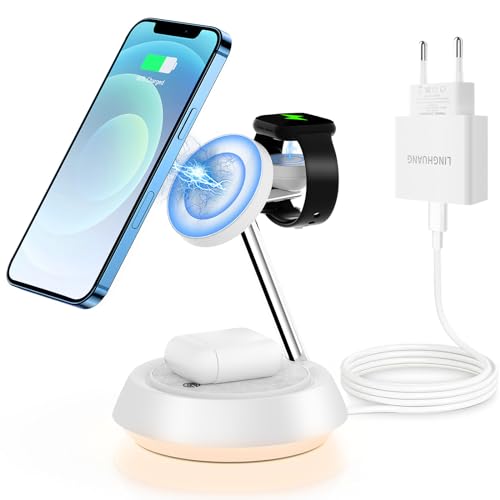 LINGHUANG 3 in 1 ladestation [mit Nachtlicht] -Mehrere Geräte Magsafe Ladestation für iPhone 15/14 /13/12 Serie, Schnelles Wireless Charger Stand für Apple Watch und Air Pods -Weiß von LINGHUANG