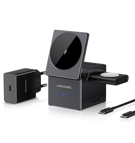 LINGHUANG QI Magsafe Ladegerät 3 in 1 für iphone Ladestation Magsafe Wireless Charger für apple induktive ladestation iphone 16 15 14 13 12 Serie Apple Watch 9 Ultra schwarz Inklusive 15W Ladegerät von LINGHUANG