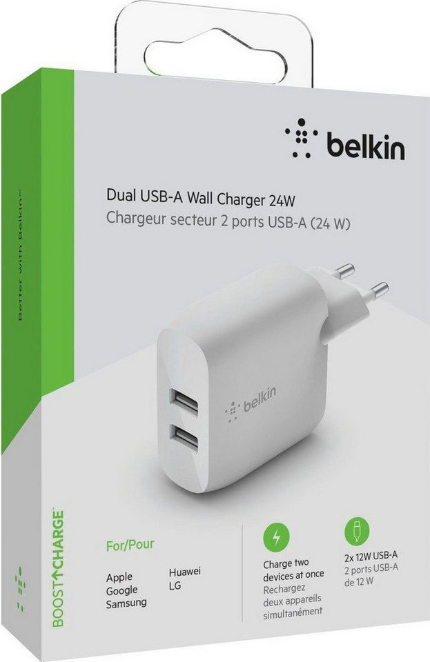 Belkin BOOSTCHARGE 24 W USB-A-Netzladegerät mit zwei Anschlüssen Smartphone-Ladegerät (für Samsung Galaxy, Apple iPad / iPhone, Google Pixel) von Belkin