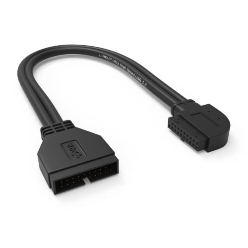 LINKUP - USB 3.2 Gen 2 (USB 3.1) Interner Adapter 20-poliger Motherboard-Header Männlich zu Weiblich 10 Gbit/s für PC-USB-A-Anschlüsse - Linker Winkeltyp - Schwarz 24 cm von LINKUP