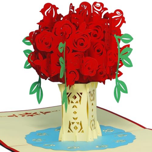 LIN17522, POP UP Karte - Strauss Rosen - 3D Blumen-Strauß Geburtstags-Karte - Hochzeit - Valentine - Jahrestag - Geschenk - Gruß-Karte mit Blumen-Motiv - Klapp-Karte - Rosen Rot, N275 von LINPOPUP
