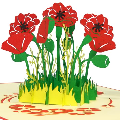 LIN17612, POP UP Karte - rote Mohnblumen - 3D Geburtstags-Karte - Muttertag - Gruß-Karte mit Blumen-Motiv - Klapp-Karte - Rot Mohnblumen, N355 von LINPOPUP