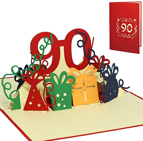 LINPOPUP® Pop-Up Karte 90 Geburtstag, 3D Geburtstagskarte mit Umschlag, Happy Birthday - Gutscheinkarte zum Geburtstag, Geschenk für Frau, Kollegin, Jubiläum, Oma, 90 Zahl rot, N232 von LINPOPUP