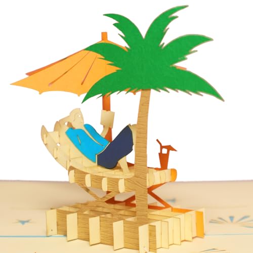 LIN-POP UP 3D Grußkarten "Pension", Glückwunschkarten Ruherstandkarten, Urlaubskarten, Pension Grußkarten, Reisegutschein, Palmen, Inseln, Hängermatte, N110 von LINPOPUP