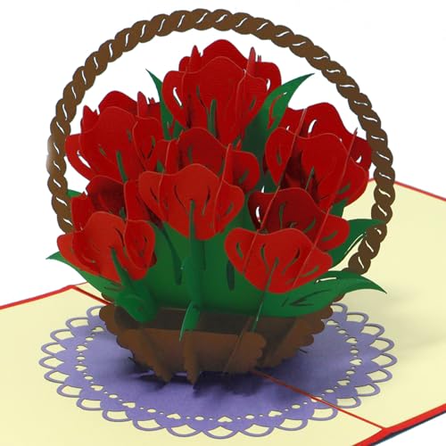 LINPOPUP®, LIN17752, POP UP Karte - Rosen - Papier Blumenstrauß -3D Blumen-Korb Blumenkarte Geburtstags-Karte - Hochzeit - Muttertag - Jahrestag - Geschenk -Klapp-Karte Rot, N720 von LINPOPUP