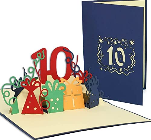LINPOPUP®, LIN17753, POP - Up 3D Karten 10 Jahre Jubiliäum, POP UP Karten Geburtstag, Pop Up Geburtstagskarte,10 Zahl, Grußkarte 10. Geburtstag, Blau, N395 von LINPOPUP