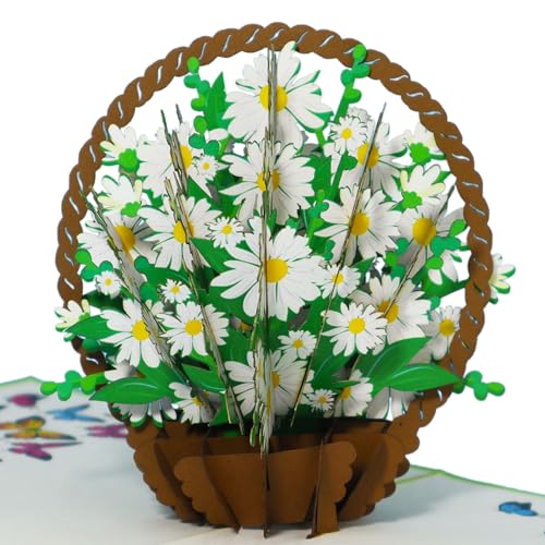 LINPOPUP®, LIN17763, Pop Up Karte Blumen, Blumenstrauß Pop-Up, Blumenkarten, Grußkarten, Klappkarte, Muttertagskarte, Abschied, Geburtstagskarte, Gute Besserung, Margeritenkörbchen, N504 von LINPOPUP