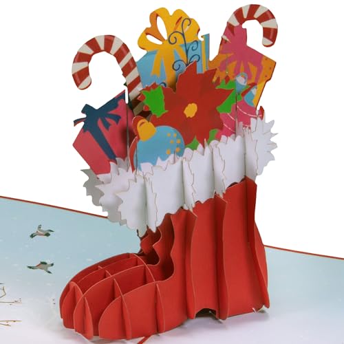 LINPOPUP®, Pop-Up Karte Weihnachten Nikolaus Stiefel Tannenbaum weihnachtliche Landschaft - Karte, Geschenkkarte, Nikolaus Geschenke, N431 von LINPOPUP