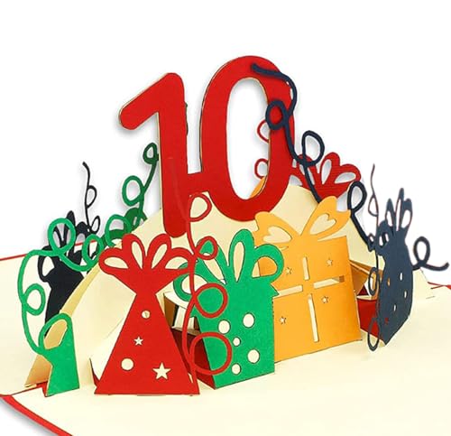 LINPOPUP® 3D Pop-Up Karte 10 Geburtstag, Geburtstagskarte mit Umschlag, Happy Birthday - Gutscheinkarte zum Geburtstag, Geschenk für Freunde, Mann, Frau, Kollegen, Zahl 10, N364 von LINPOPUP