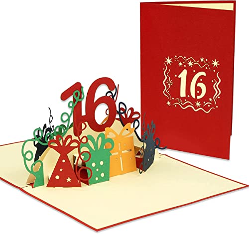 LINPOPUP® 3D Pop-Up Karte 16 Geburtstag, Geburtstagskarte mit Umschlag, Happy Birthday - Gutscheinkarte zum Geburtstag, Geschenk für Freund, Kollege, Zahl 16 rot, N365 von LINPOPUP