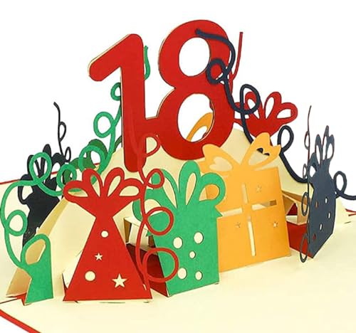 LINPOPUP® 3D Pop-Up Karte 18 Geburtstag, Geburtstagskarte mit Umschlag, Happy Birthday - Gutscheinkarte zum Geburtstag, Geschenk für Freundin, Tochter 18 Zahl rot, N371 von LINPOPUP