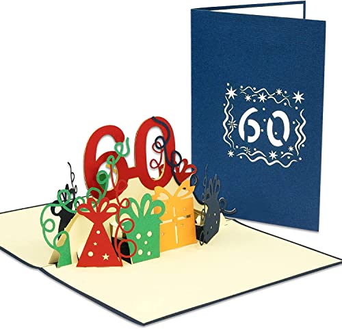 LINPOPUP® 3D Pop-Up Karte 60 Geburtstag, Geburtstagskarte mit Umschlag, Happy Birthday - Gutscheinkarte zum Geburtstag, Geschenk für Freund, Mann, 60 Zahl blau, N23 von LINPOPUP