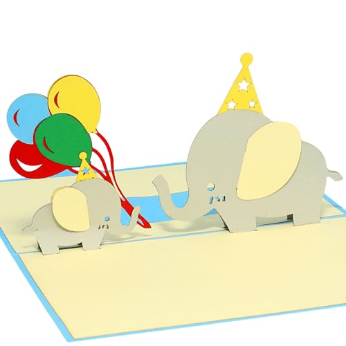 LINPOPUP® 3D Pop-Up Karte Kindergeburtstag, Geburtstagskarte mit Umschlag, Happy Birthday - Gutscheinkarte zum Geburtstag, Geschenk für Kind, Geburtstagskarte für Kind, Elefant, Luftballons, N288 von LINPOPUP