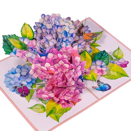LINPOPUP® Pop-Up Karte Blume - Grußkarte Schmetterling, Geburtstagskarte, Muttertagskarte, 3D Blumenkarte für Frau, Mutter, Freundin, Gute Besserung, Geldgeschenk, Gutschein, Garten, Hortensien, N278 von LINPOPUP