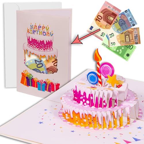 LINPOPUP® Pop-Up Karte Geburtstag Geldgeschenk, 3D Pop Up Karte mit Geldfach als Geldkarte, Geldgeschenke - Verpackung, Geburtstagskarte mit Umschlag, originelles Geburtstagsgeschenk, N73 (Pink) von LINPOPUP
