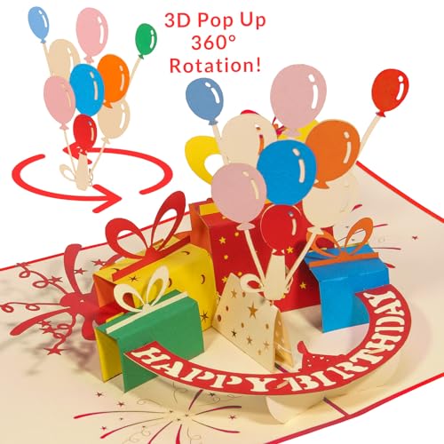 LINPOPUP 3D Pop-Up Grußkarten Geburtstag, XXL Geburtstagskarte mit drehenden Luftballons, Geschenk für Mann, Frau, Kinder, Freund und Kollegen, Geldgeschenk, Gutscheinkarte, N188 von LINPOPUP