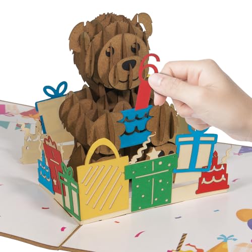 LINPOPUP Pop-Up Karte Geburtstag Teddy mit Geburtstagstorte - Bär mit DIY individuellen Zahlen, Teddybär mit Torte - für Kinder, als Geldkarte oder Gutscheinkarte, N173 von LINPOPUP