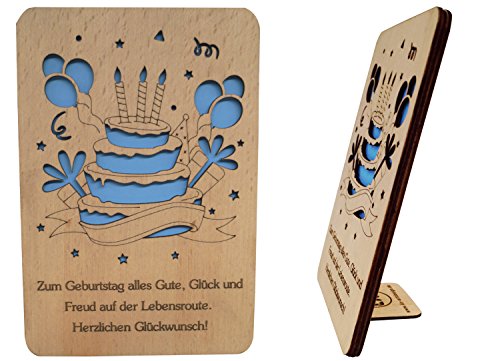 LINPopUp®, LIN17373, Holzkarten "Grußkarten aus Holz", Geburtstag Glückwunschkarten aus Holz mit Sprüchen zum Geburtstag, Geburtstagskuchen, N600 von LINPOPUP