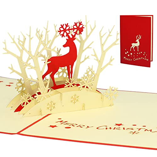 LINPopUp®, POP UP Karte Weihnachten, 3D Grußkarte Weihnachtskarten, Rentier im Wald, N417 von LINPOPUP