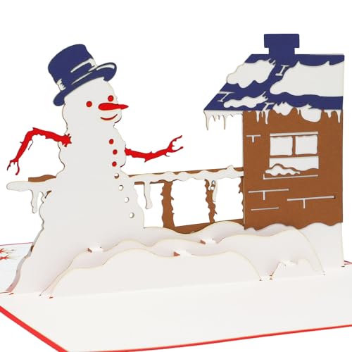 LINPopUp®, POP UP Weihnachtskarten, Weihnachtskarte, 3D Karten Weihnachten, Schneemann am Haus, N445 von LINPOPUP