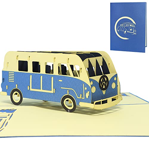 LINPopUp®, Pop Up Karte, Bus, Pop Up Geburtstagskarte, 3D Grußkarten Auto, Bus Grußkarte, Geburtstagskarten, Gutschein Urlaub, Bus, blau, N333 von LINPOPUP