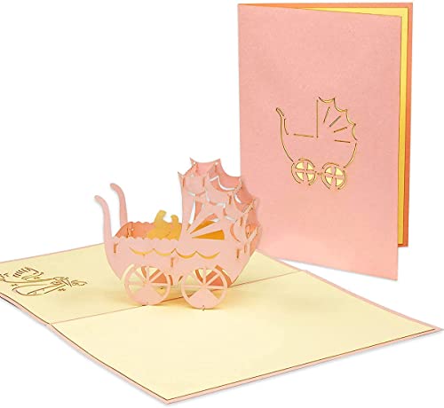 LINPopUp® 3D Grußkarte Glückwunschkarte Geburtskarte Kinderwagen für ein Mädchen rosa, N90 von LINPOPUP