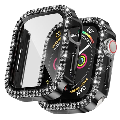 LINTEKER Hülle mit Glas Displayschutz Kompatibel mit Apple Watch Series 9/8/7 Schutzhülle, Hard Rundum Bling Cover Diamonds für iWatch Girl 41mm，Schwarz von LINTEKER