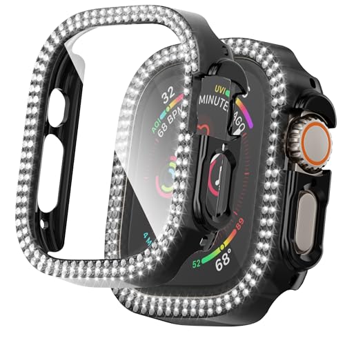 LINTEKER Hülle mit Glas Displayschutz Kompatibel mit Apple Watch Ultra/Ultra 2 Schutzhülle, Hard Rundum Bling Cover Diamonds für iWatch Girl 49mm, Schwarz von LINTEKER