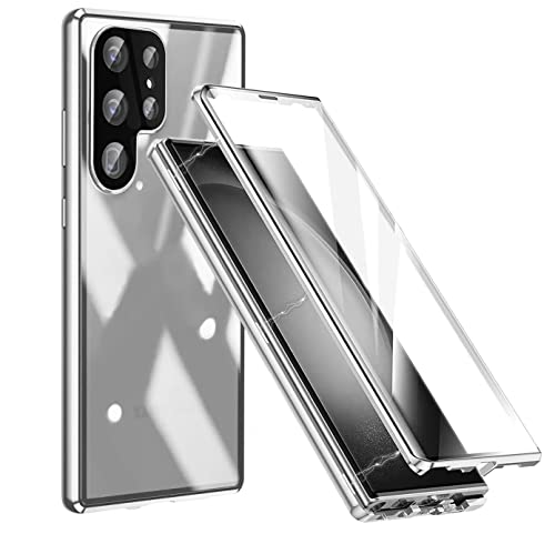 Hülle für Samsung Galaxy S23 Ultra 360 Grad Stoßfeste Rundumschutz Magnetische Hartglas mit Vorderseite und Rückseite Metallrahmen Ultra Dünn Handyhülle Case mit KameraSchutz foile,Silber von LIONO