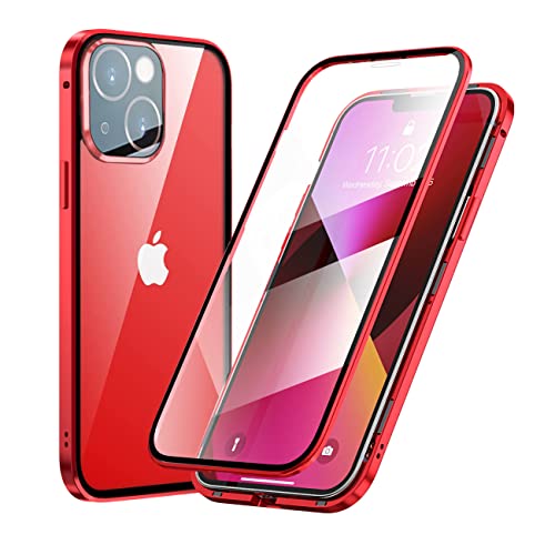 Hülle für iPhone 13 Handyhülle,360 Grad Schutzhülle mit Eingebautem Panzerglas Displayschutz und Kamera Schutzfolie Stoßfest Metal Bumper Full Cover Case für iPhone 13,Rot von LIONO