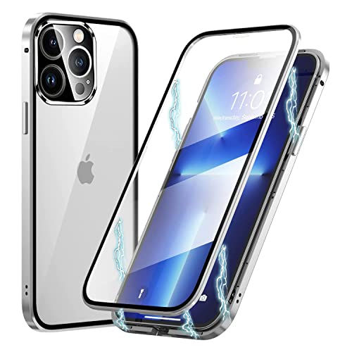 Hülle für iPhone 13 Pro Max Magnetische Handyhülle [Mit Kamera Linse Schutz] 360 Grad kompletteSchutz Hülle, Vorne hinten Gehärtetes Glas + Stoßfeste Metallrahmen Schutzhülle,Sibver von LIONO