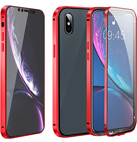 Hülle für iPhone X 360 Grad Stoßfeste Komplettschutz Handyhülle Metallrahmen Vorne und Hinten Hartglas Ultra Dünn Case mit Eingebaut Displayschutz und KameraSchutz,Rot von LIONO