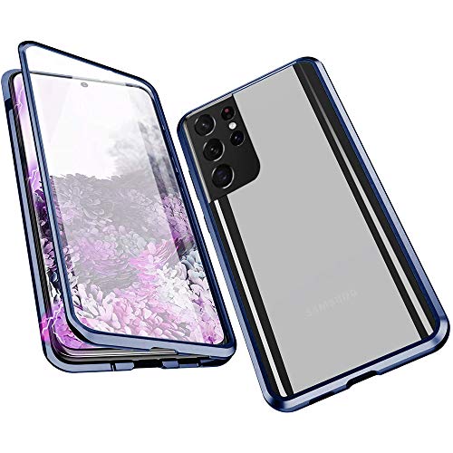 LIONO für Samsung Galaxy S21 Ultra Hülle, 360 Grad Schutzhülle mit Eingebautem Gehärtetes Glas Displayschutz, Stoßfest Metall Panzerhülle Full Cover Case Handyhülle,Blau von LIONO